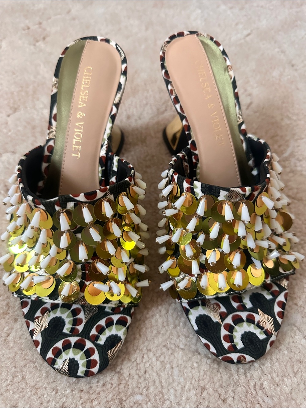 Chelsea & Violet Gold Sequin and White Bead Slide Mules NEW 6 - Picture 7 of 9